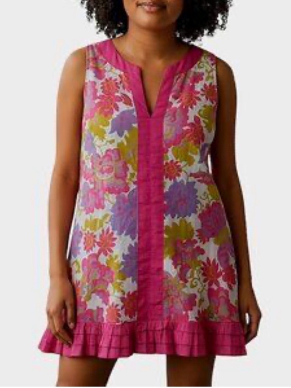 J. Crew White & Pink Floral Sleeveless Ruffle Trim Long Length Tunic Size Small